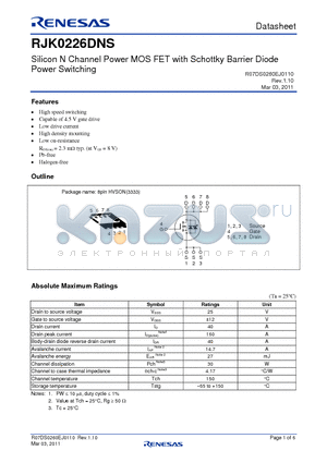 RJK0226DNS datasheet - Silicon N Channel Power MOS FET with Schottky Barrier Diode Power Switching