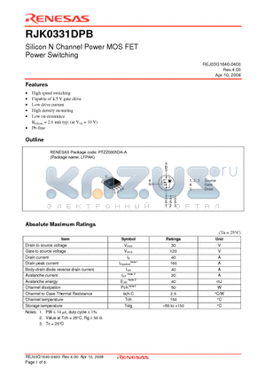 RJK0331DPB-00-J0 datasheet - Silicon N Channel Power MOS FET Power Switching