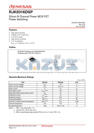RJK0316DSP-00-J0 datasheet - Silicon N Channel Power MOS FET Power Switching