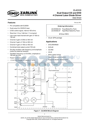 ZL40539 datasheet - Dual Output CD and DVD 4 Channel Laser Diode Driver