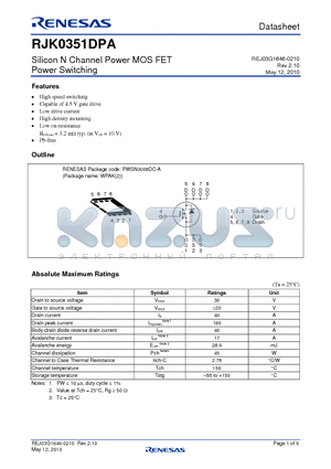 RJK0351DPA-00-J0 datasheet - Silicon N Channel Power MOS FET Power Switching