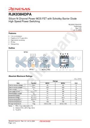 RJK0384DPA-00-J0 datasheet - Silicon N Channel Power MOS FET with Schottky Barrier Diode High Speed Power Switching