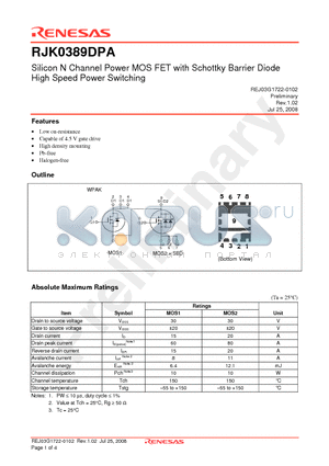 RJK0389DPA-00-J0 datasheet - Silicon N Channel Power MOS FET with Schottky Barrier Diode High Speed Power Switching