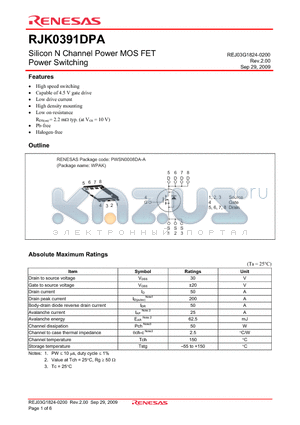 RJK0391DPA-00-J53 datasheet - Silicon N Channel Power MOS FET Power Switching