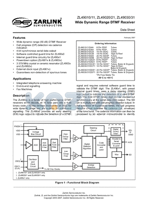 ZL49030 datasheet - Wide Dynamic Range DTMF Receiver