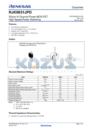 RJK0631JPD datasheet - Silicon N Channel Power MOS FET High Speed Power Switching