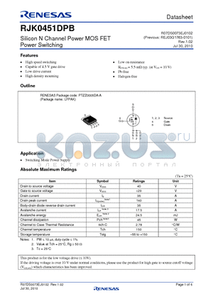 RJK0451DPB-00-J5 datasheet - Silicon N Channel Power MOS FET Power Switching