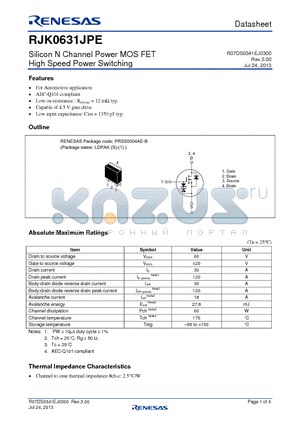 RJK0631JPE datasheet - Silicon N Channel Power MOS FET High Speed Power Switching