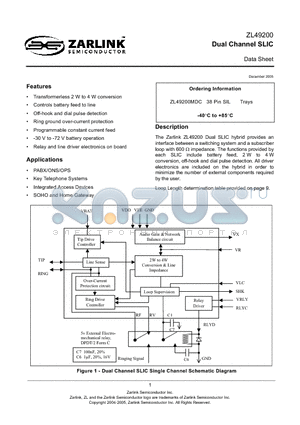 ZL49200 datasheet - Dual Channel SLIC