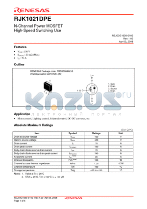 RJK1021DPE-00-J3 datasheet - N-Channel Power MOSFET High-Speed Switching Use