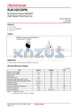 RJK1021DPN-00-00 datasheet - N-Channel Power MOSFET High-Speed Switching Use