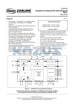ZL50010/QCC datasheet - Flexible 512 Channel DX with Enhanced DPLL