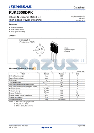 RJK2508DPK datasheet - Silicon N Channel MOS FET High Speed Power Switching