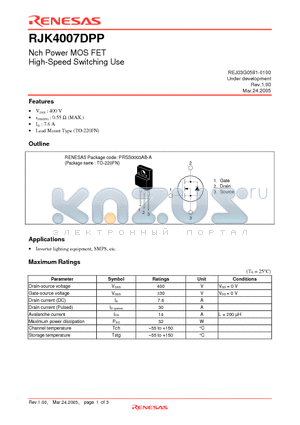 RJK4007DPP datasheet - Nch Power MOS FET High-Speed Switching Use