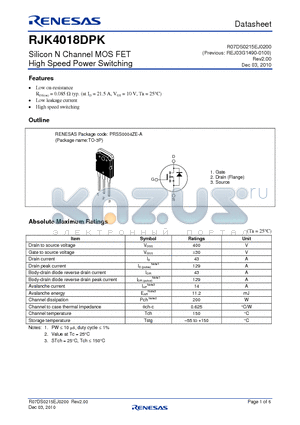 RJK4018DPK datasheet - Silicon N Channel MOS FET High Speed Power Switching