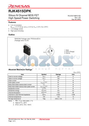 RJK4515DPK datasheet - Silicon N Channel MOS FET High Speed Power Switching