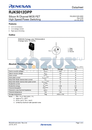 RJK5012DPP-00-T2 datasheet - Silicon N Channel MOS FET High Speed Power Switching