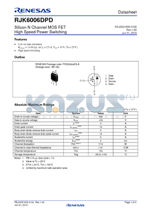 RJK6006DPD datasheet - Silicon N Channel MOS FET High Speed Power Switching