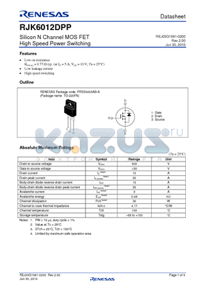 RJK6012DPP-00-T2 datasheet - Silicon N Channel MOS FET High Speed Power Switching