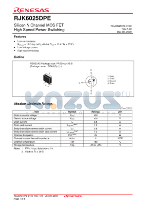 RJK6025DPE-00-J3 datasheet - Silicon N Channel MOS FET High Speed Power Switching