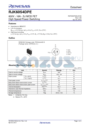 RJK60S4DPE-00-J3 datasheet - 600V - 16A - SJ MOS FET High Speed Power Switching