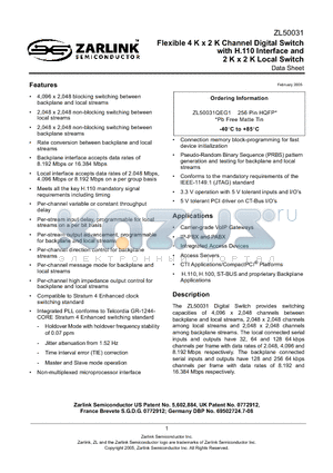 ZL50031QEG1 datasheet - Flexible 4 K x 2 K Channel Digital Switch with H.110 Interface and 2 K x 2 K Local Switch