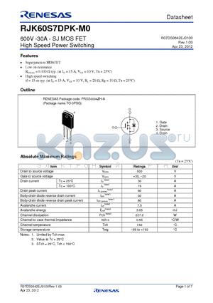 RJK60S7DPK-M0-T0 datasheet - 600V -30A - SJ MOS FET High Speed Power Switching