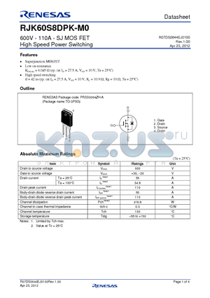 RJK60S8DPK-M0 datasheet - 600V - 110A - SJ MOS FET High Speed Power Switching