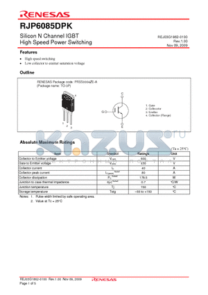 RJK6085DPK-00-T0 datasheet - Silicon N Channel IGBT High Speed Power Switching