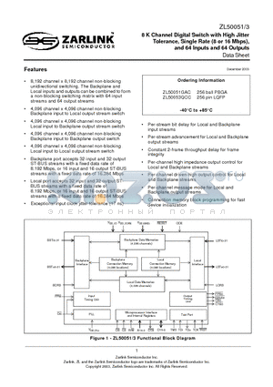 ZL50051GAC datasheet - 8 K Channel Digital Switch with High Jitter Tolerance, Single Rate (8 or 16 Mbps), and 64 Inputs and 64 Outputs