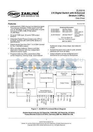 ZL50018QCG1 datasheet - 2 K Digital Switch with Enhanced Stratum 3 DPLL