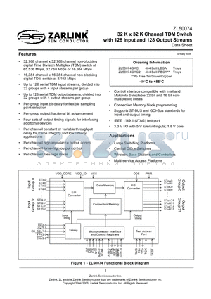 ZL50074GAC datasheet - 32 K x 32 K Channel TDM Switch with 128 Input and 128 Output Streams