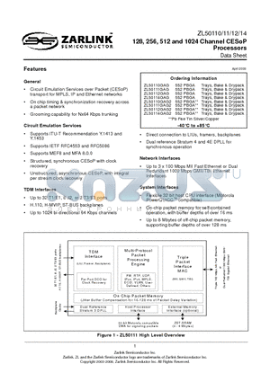 ZL50110GAG2 datasheet - 128, 256, 512 and 1024 Channel CESoP Processors