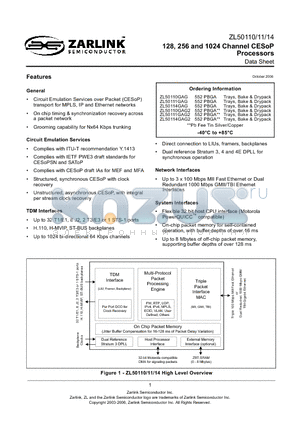 ZL50110GAG2 datasheet - 128, 256 and 1024 Channel CESoP Processors