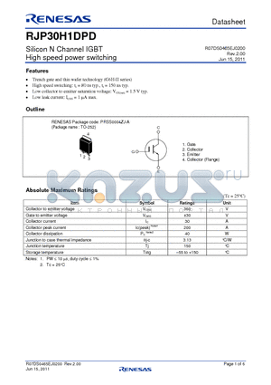 RJP30H1DPD datasheet - Silicon N Channel IGBT High speed power switching