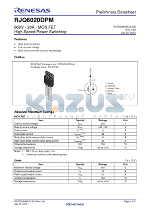 RJQ6020DPM datasheet - 600V - 20A - MOS FET High Speed Power Switching