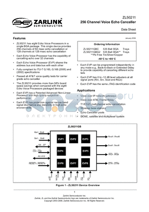 ZL50211GBC datasheet - 256 Channel Voice Echo Canceller