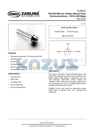 ZL60003 datasheet - RCLED 650 nm, Plastic Optical Fiber Communications - 125 to 250 Mbps