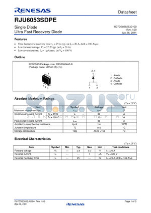 RJU6053SDPE datasheet - Single Diode Ultra Fast Recovery Diode