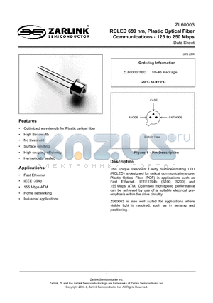 ZL60003TBD datasheet - RCLED 650 nm, Plastic Optical Fiber Communications - 125 to 250 Mbps