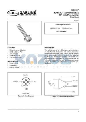 ZL60007/TBD datasheet - 1310nm, 1550nm 622Mbps PIN with Preamplifier