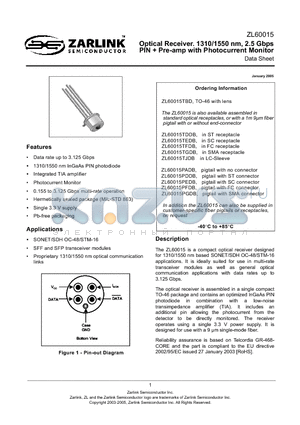 ZL60015PDDB datasheet - Optical Receiver. 1310/1550 nm, 2.5 Gbps PIN  Pre-amp with Photocurrent Monitor