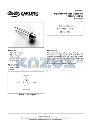 ZL60010TBD datasheet - High-Performance Linear PIN 1300nm, 1550nm