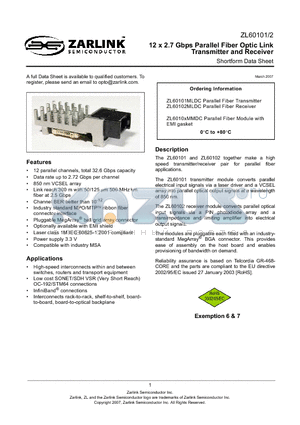 ZL60101MLDC datasheet - 12 x 2.7 Gbps Parallel Fiber Optic Link Transmitter and Receiver