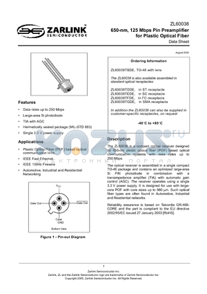 ZL60038 datasheet - 650-nm, 125 Mbps Pin Preamplifier for Plastic Optical Fiber