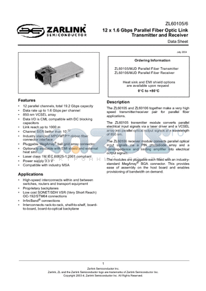 ZL60105 datasheet - 12 x 1.6 Gbps Parallel Fiber Optic Link Transmitter and Receiver