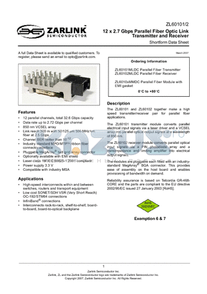 ZL6010XMMDC datasheet - 12 x 2.7 Gbps Parallel Fiber Optic Link Transmitter and Receiver