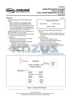 ZL50407 datasheet - Lightly Managed/Unmanaged 8-Port 10/100M  1-Port 10/100/1000M Ethernet Switch