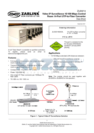 ZL60214BADA datasheet - Video IP Surveillance 10/100 Mbps Control Room 14-Port UTP-to-Fiber Converter