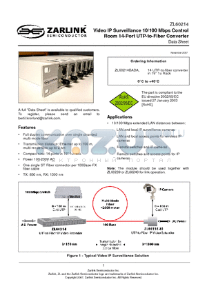 ZL60214 datasheet - Video IP Surveillance 10/100 Mbps Control Room 14-Port UTP-to-Fiber Converter